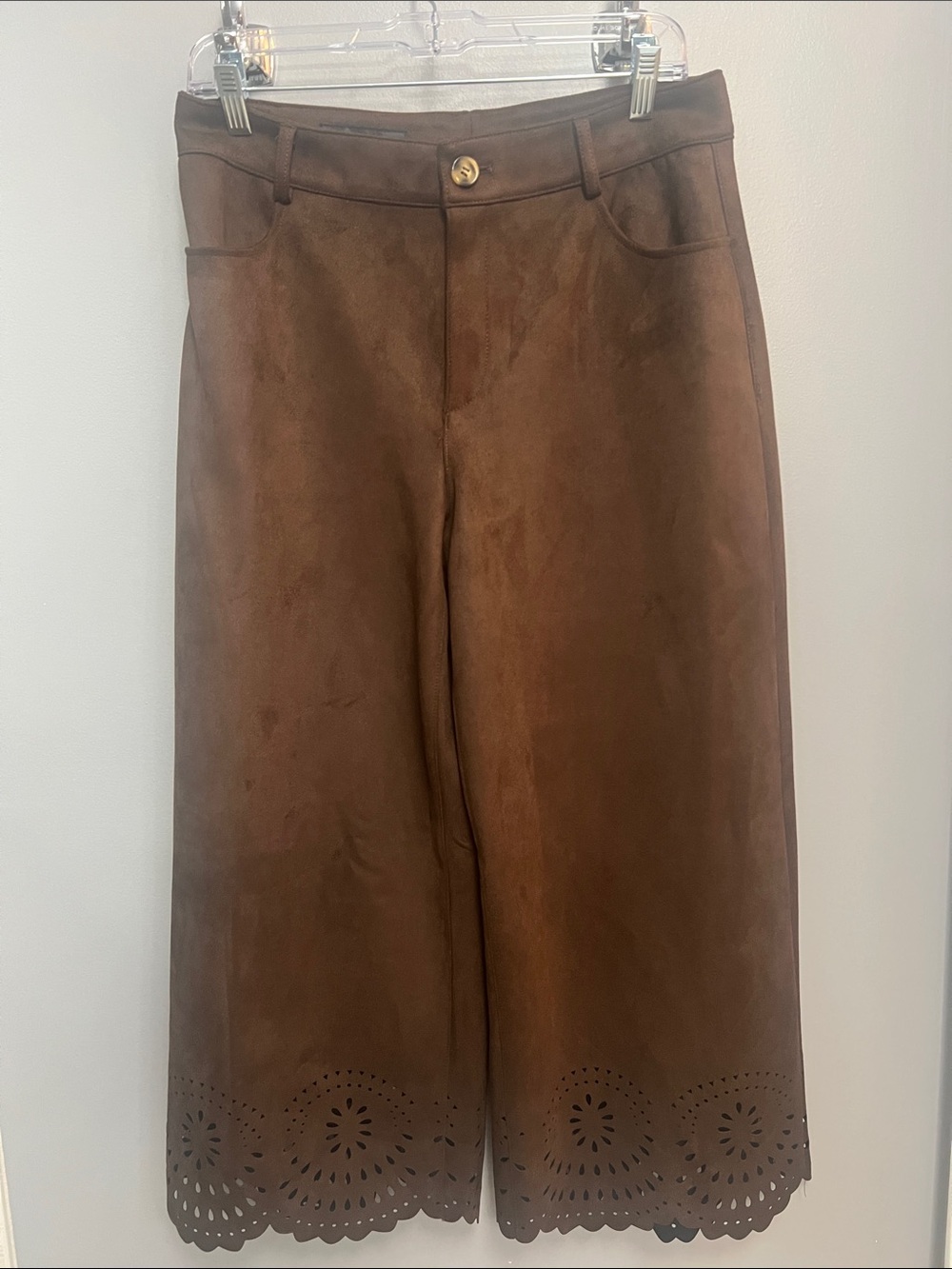 Zara Brown Suede Culotte Pants with Scalloped Laser-Cut Hem